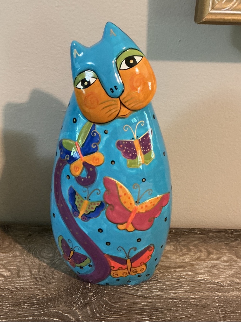 Laurel Burch Turquoise Ceramic Cat with Orange Face and Multicolored Butterflies